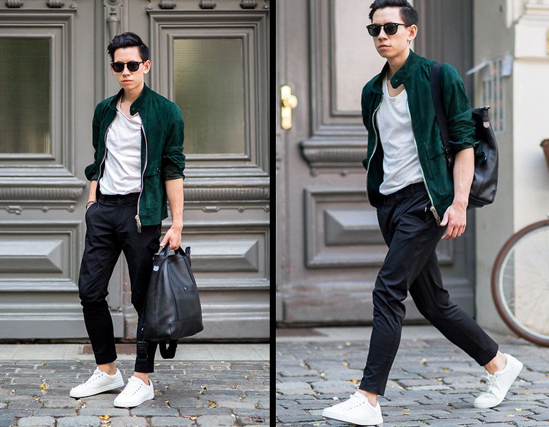 Bally Green Suede Jaacket, Zara White Shirt, Saint Laurent Sunglasses, Zara White Sneakers