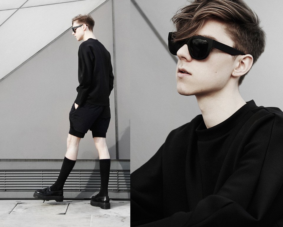 Wordsmiths United Sweater, Theory Shorts, Acne Studios Shades, Dr. Martens Shoes