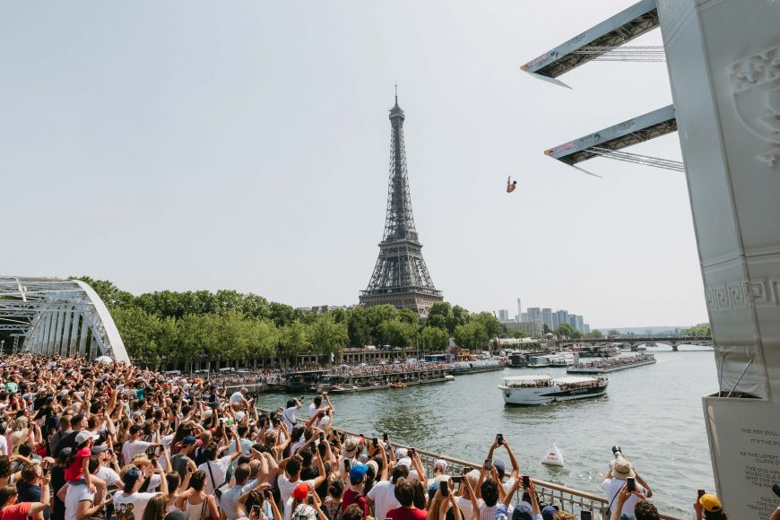 Gary Hunt of France dives from the 27 meters platform during the the final competition day of the second stop of the Red Bull Cliff Diving World Series in Paris, France on June 18, 2022. // Teddy Morellec / Red Bull Content Pool // SI202206180751 // Usage for editorial use only //